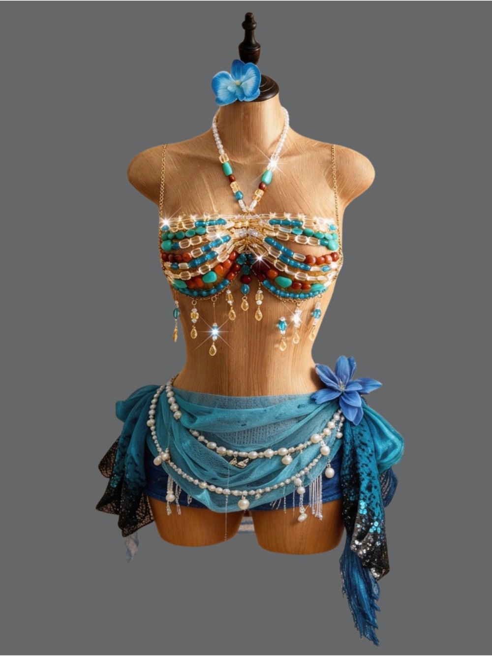 Turquoise Beaded Mermaid Bikini Set - Women Swim